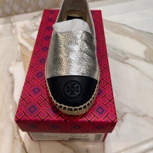 Tory Burch Metallic Silver and Black Espadrilles